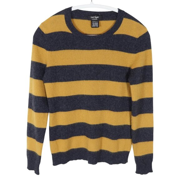 LORD TAYLOR 100% Cashmere Charcoal Mustard Wide Striped Crew Neck Sweater Size S - Picture 1 of 5